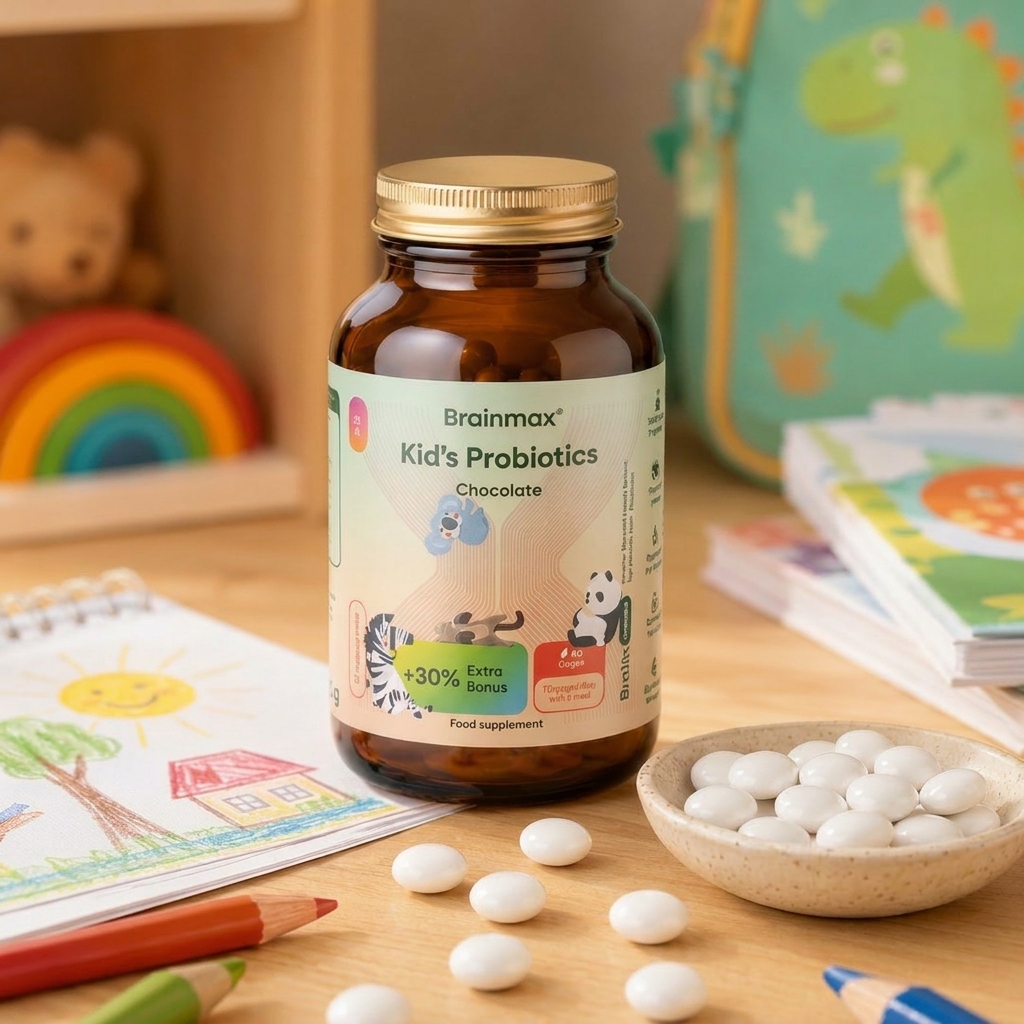 BrainMax Kid’s Probiotics Chocolate – produkt s dražé na dětském stole